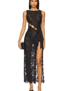 Black Lace High-Low Evening Dress with Side Cutout